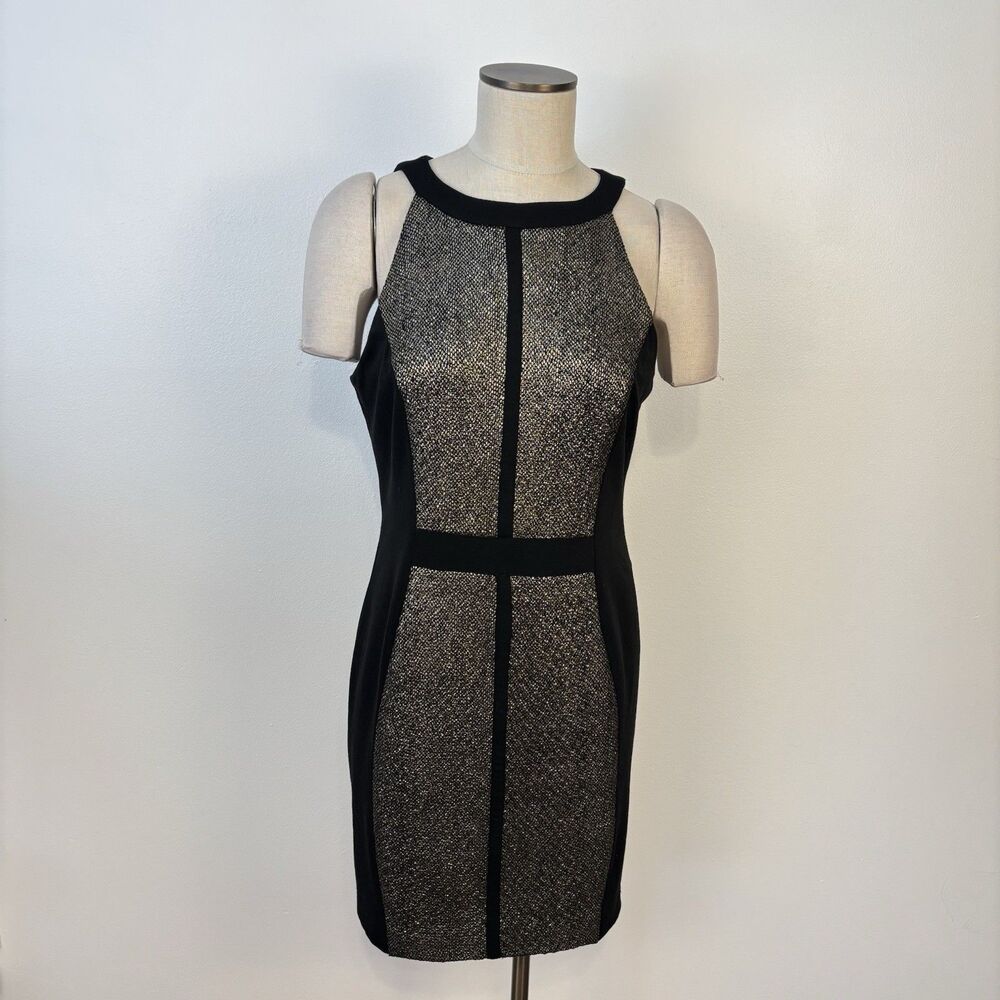 Esley Womens Large Black Gold Sheath Dress Stretch Bodycon Fitted Professional